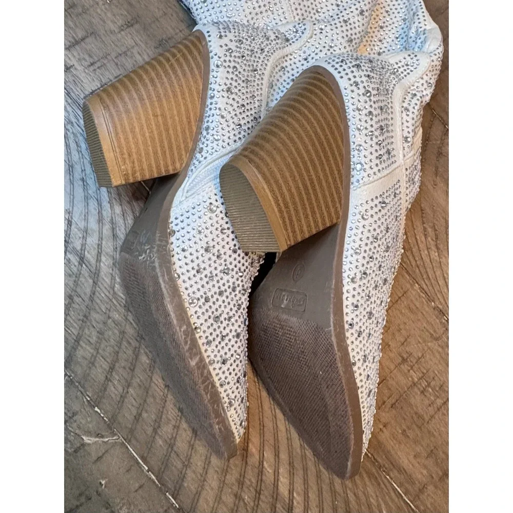 Forever White Rhinestone Over The Knee Western Cowgirl Boots Pointed Toe Heel 9